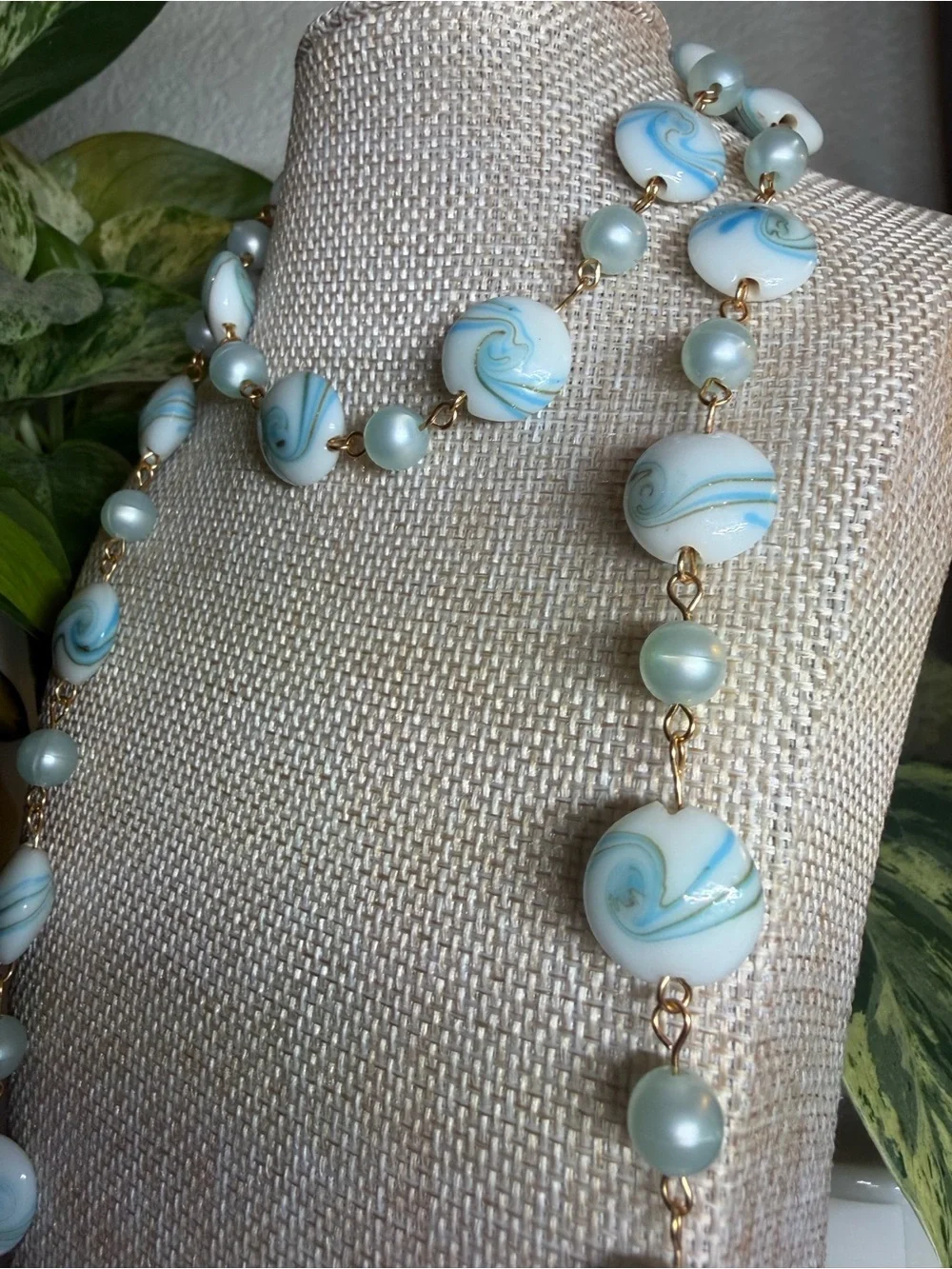 Handmade Aqua Swirl Beaded Eyeglass Chain with Faux Pearl Accents